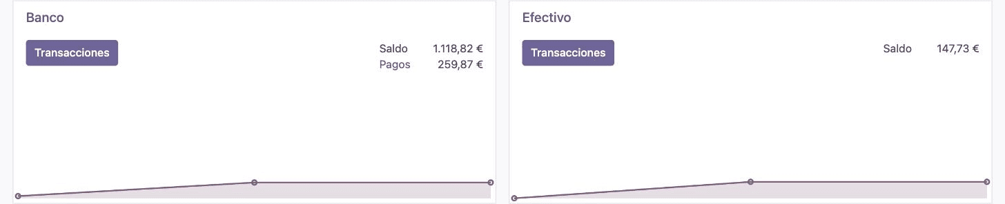 Panel de cuentas bancarias y efectivo en Facturas10