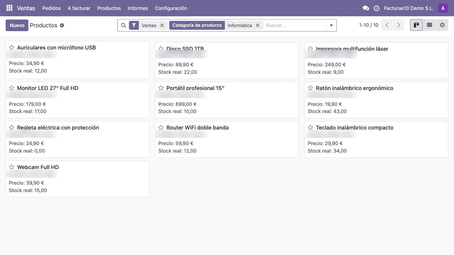 Catálogo de productos y servicios de Facturas10