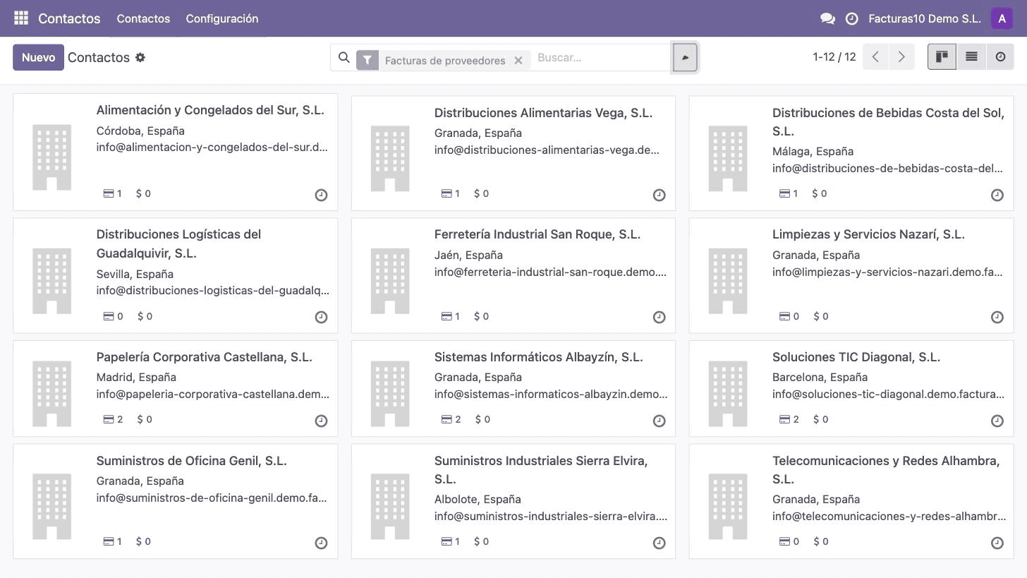 Fichas de proveedores de Facturas10 con su historial de compras